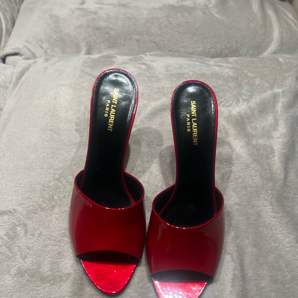 Saint Laurent Glossy Red Heeled Slides